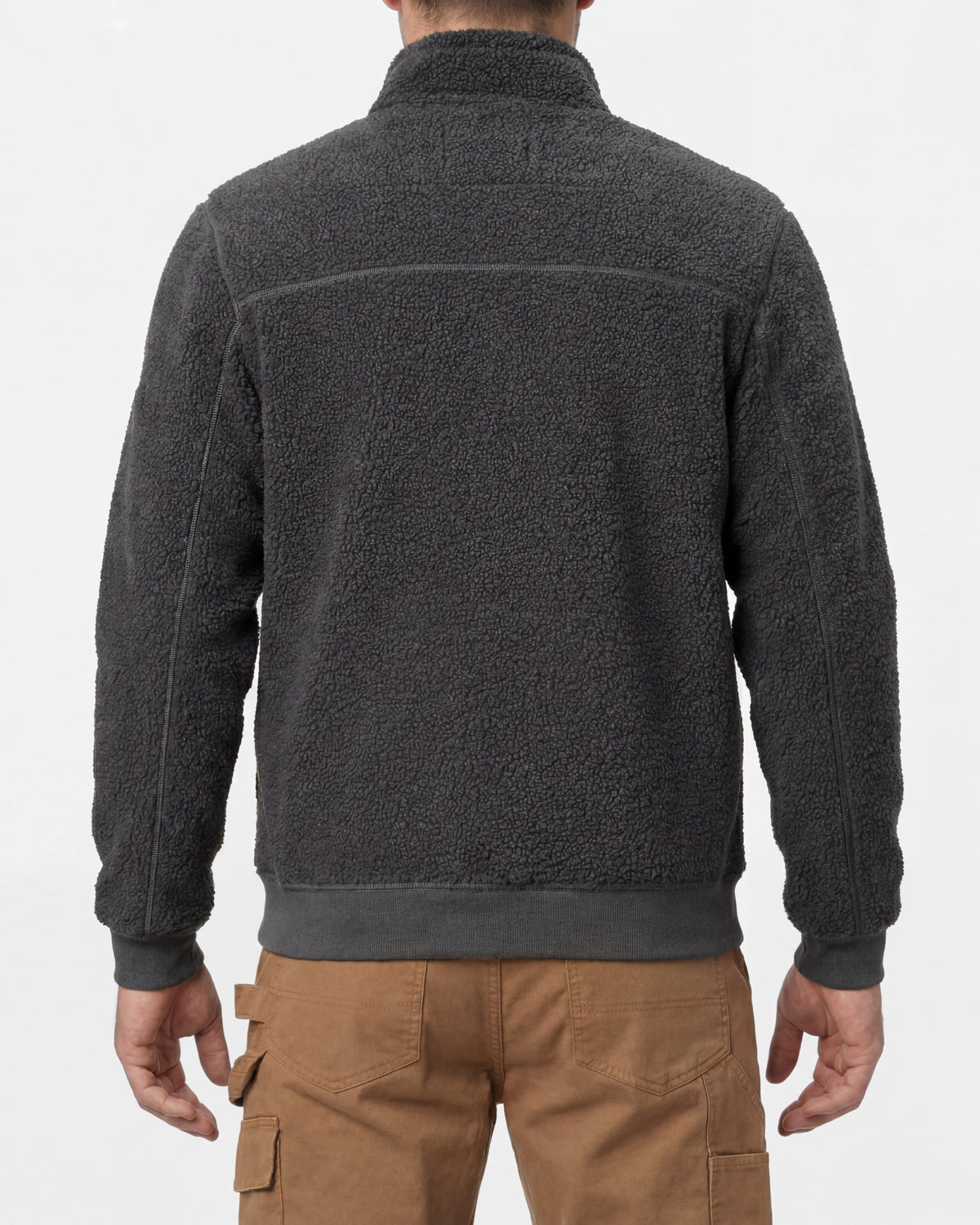 STRAUSS e.s.e:pic sherpa fleece jacket in carbon gray worn, back view
