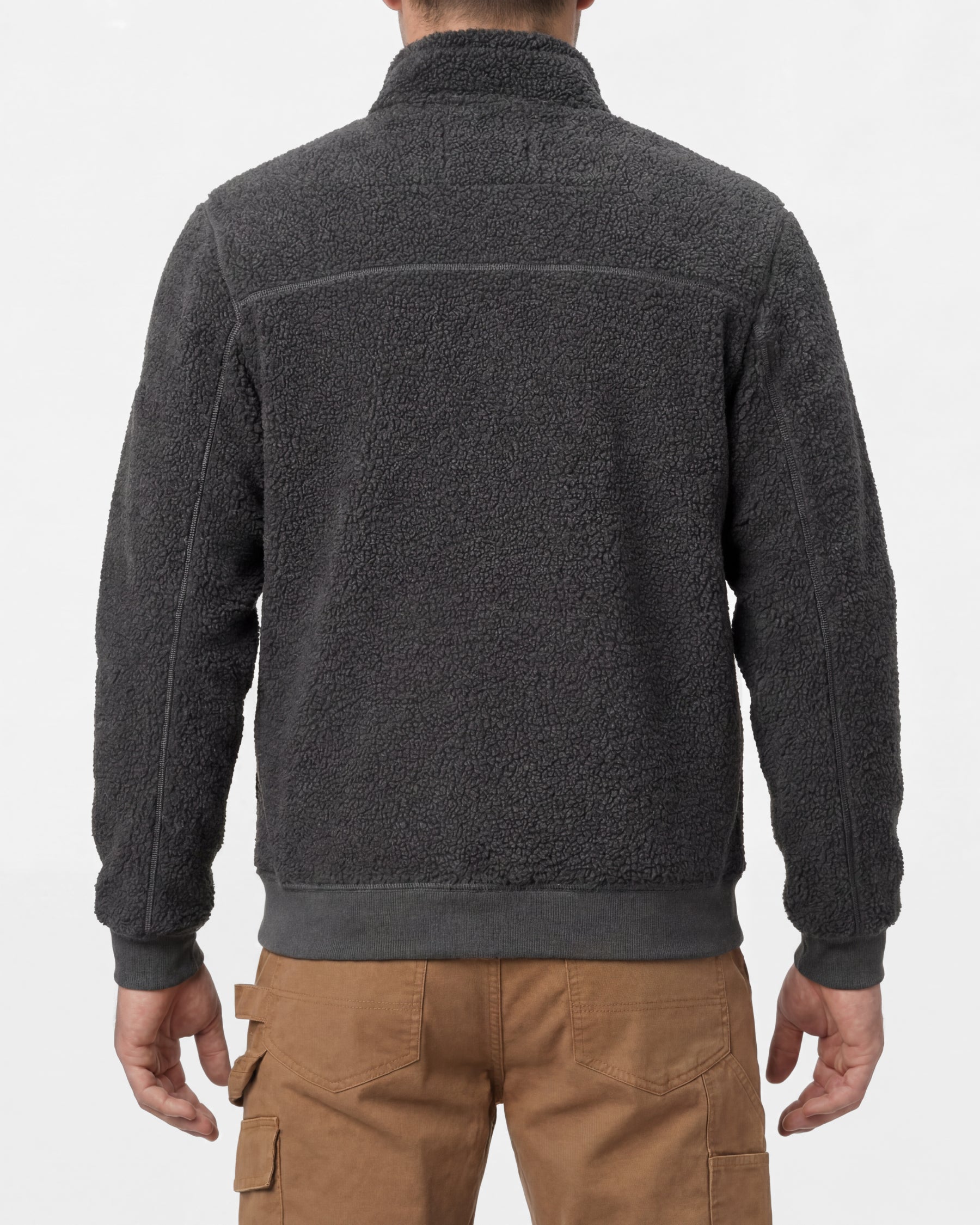 STRAUSS e.s.e:pic sherpa fleece jacket in carbon gray worn, back view