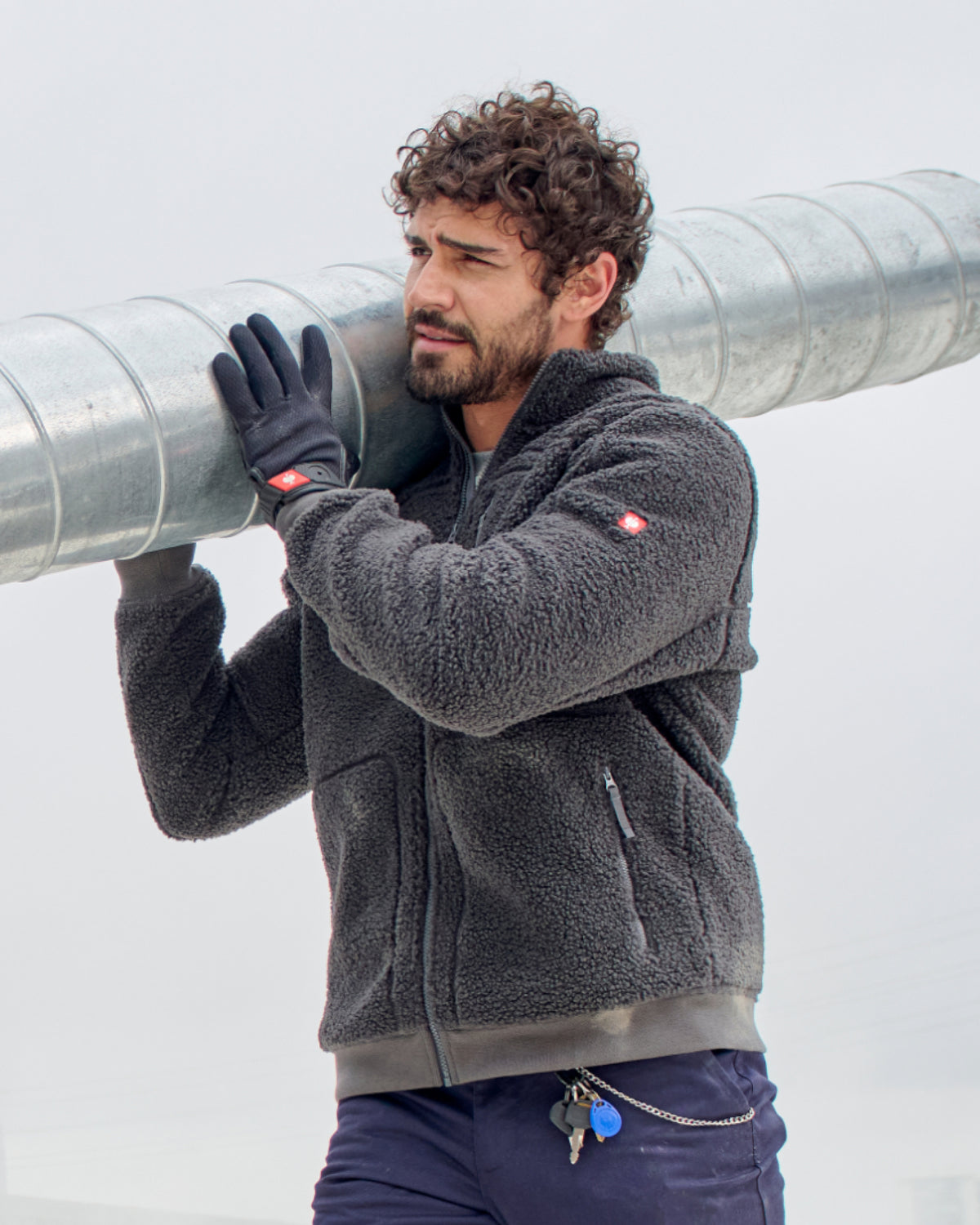 STRAUSS e.s.e:pic sherpa fleece jacket in carbon gray paired with workwear