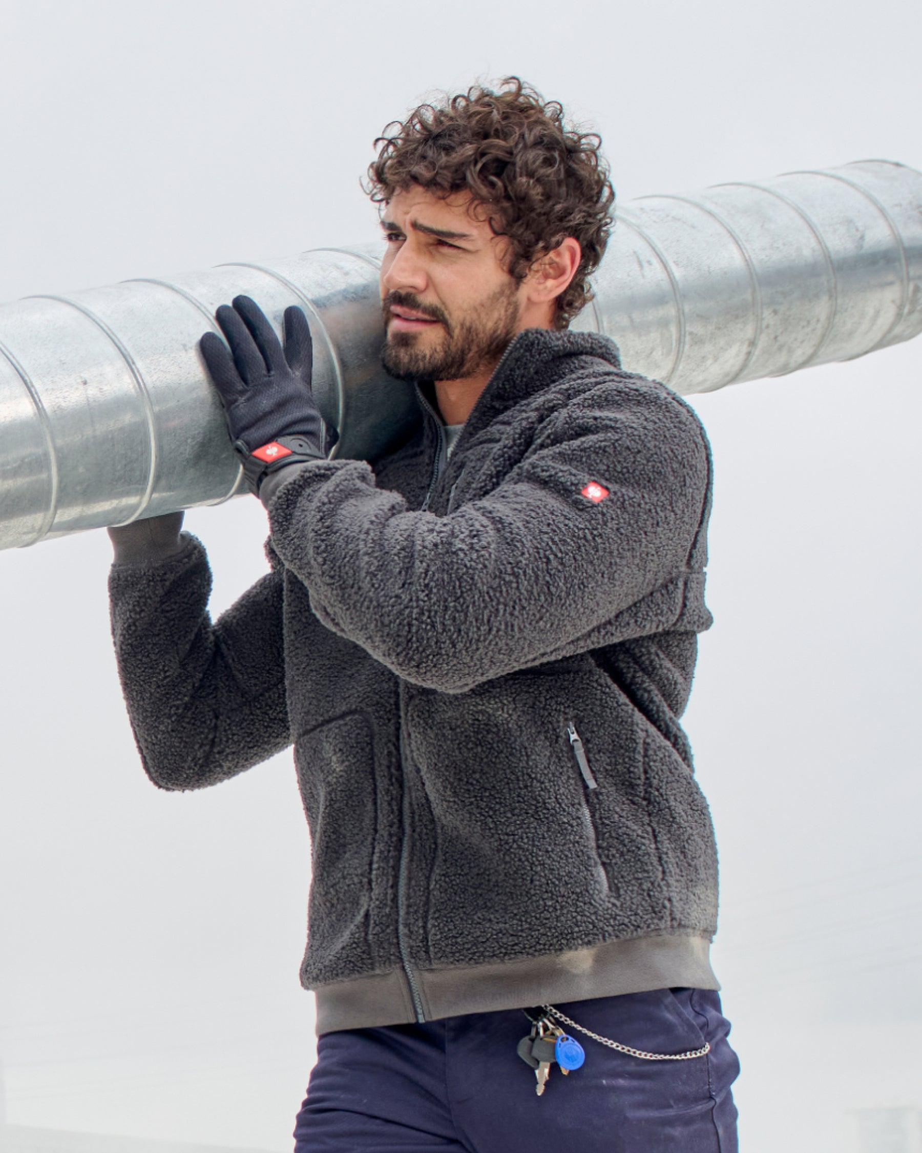 STRAUSS e.s.e:pic sherpa fleece jacket in carbon gray paired with workwear