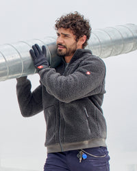 STRAUSS e.s.e:pic sherpa fleece jacket in carbon gray paired with workwear