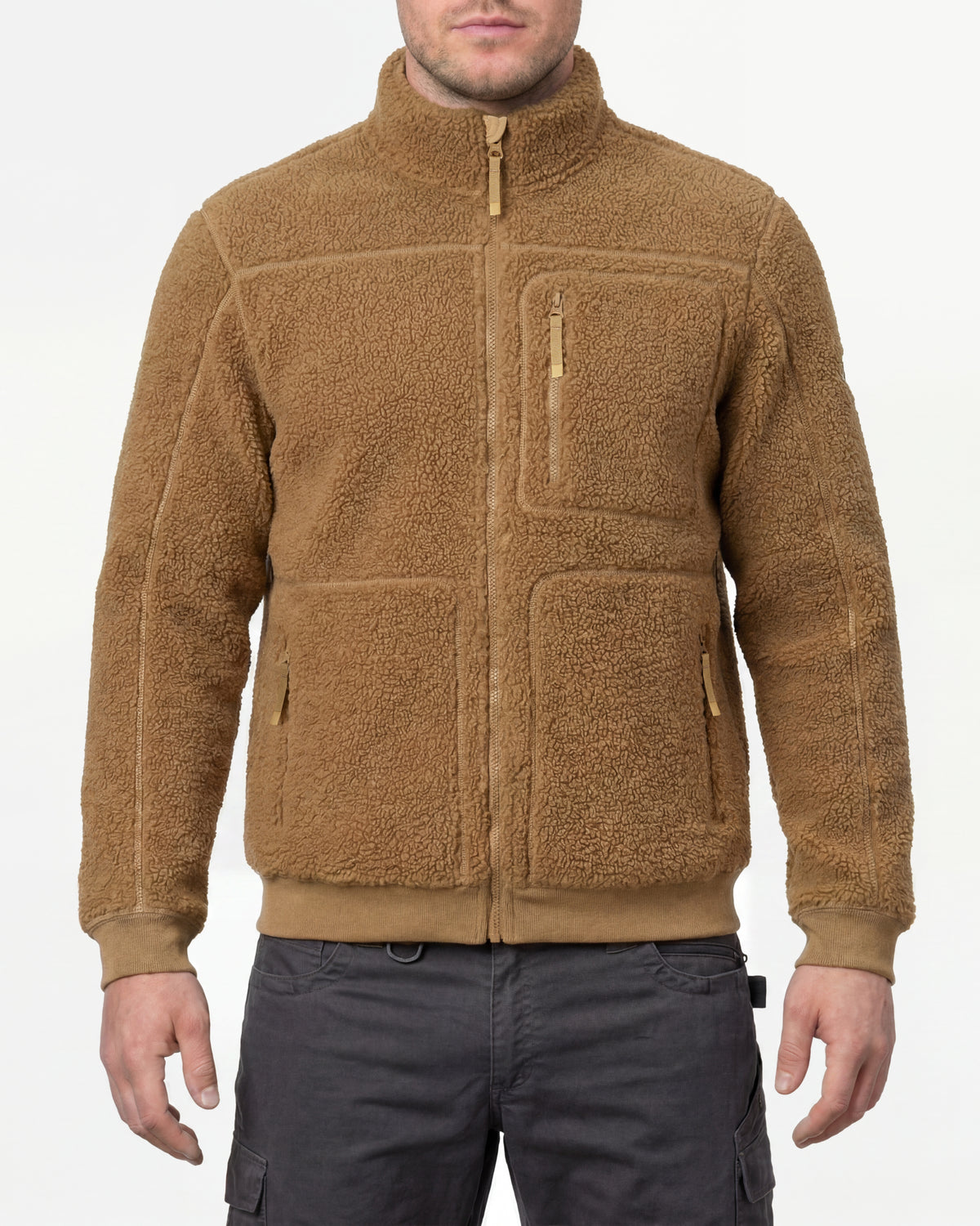 STRAUSS e.s.e:pic sherpa fleece jacket in almond brown worn, front view