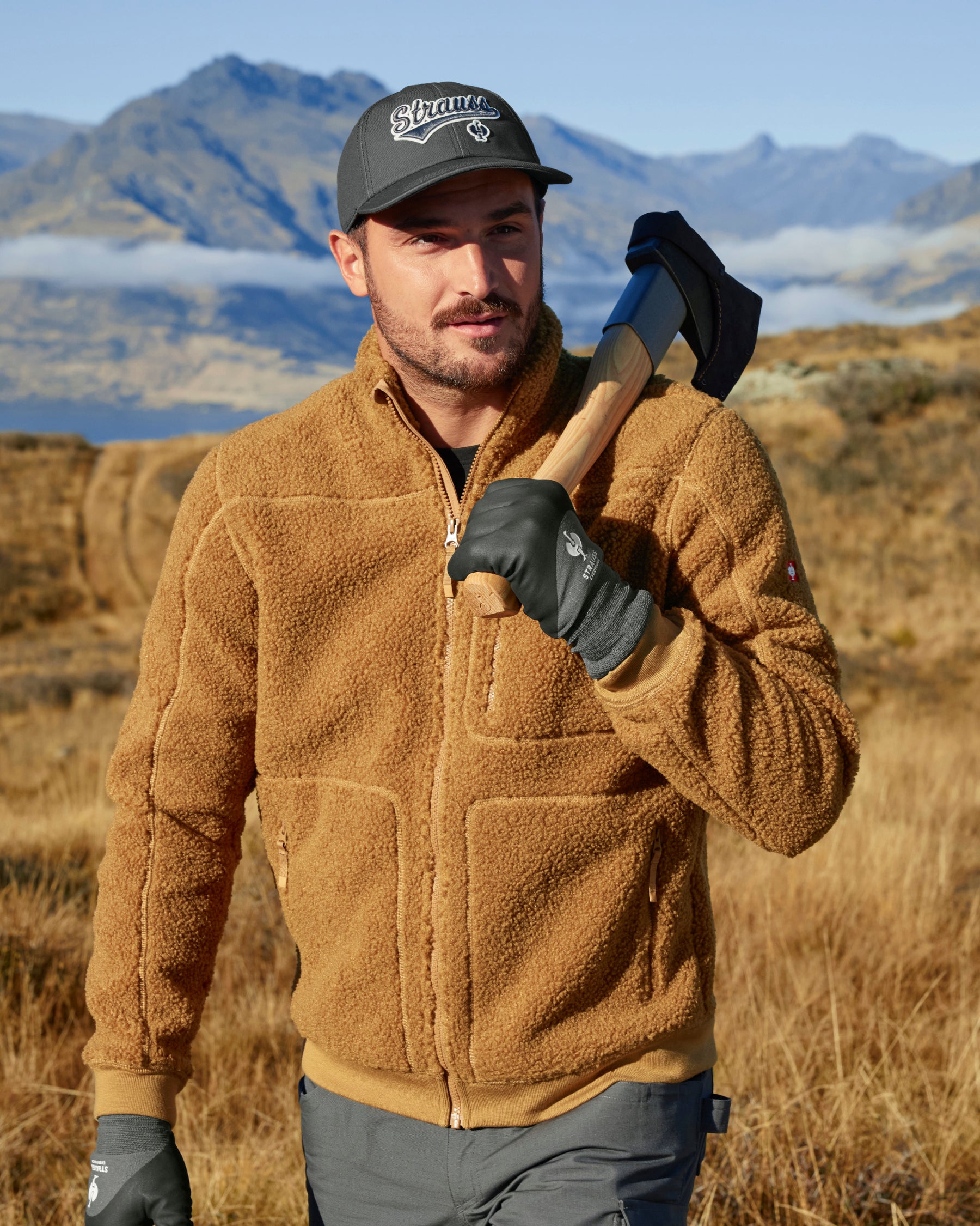 STRAUSS e.s.e:pic sherpa fleece jacket in almond brown paired with workwear