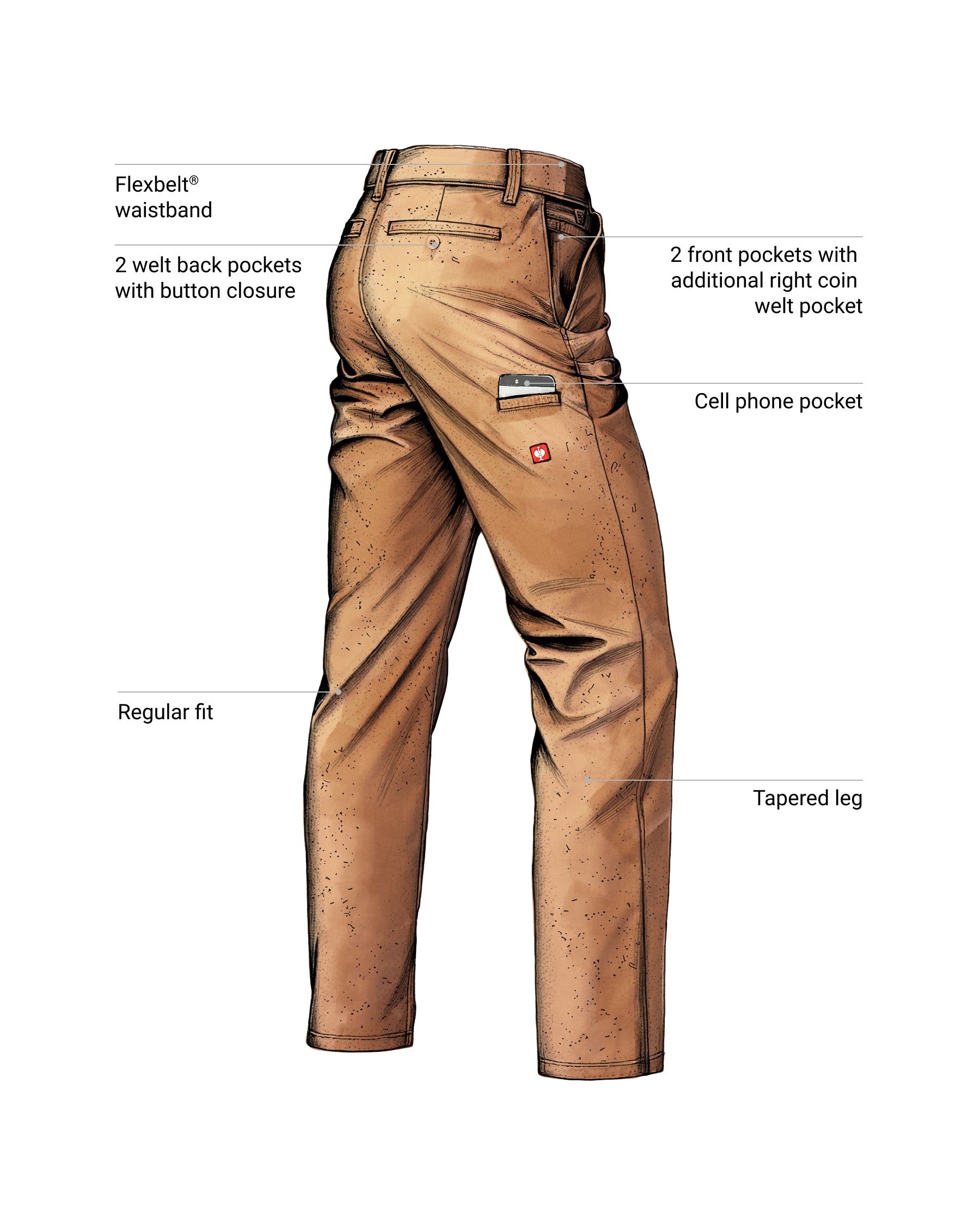 Feature view of Chino Pants e.s.e:pic in almond brown, showing chino fabric and pockets