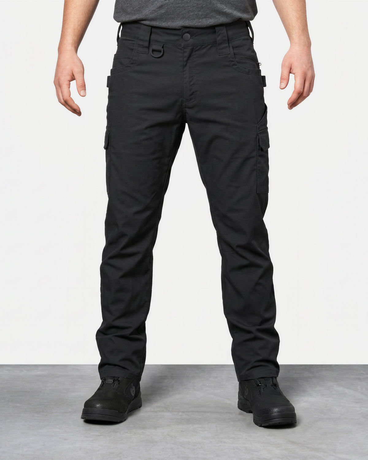 Twill Cargo Work Pants e.s.e:pic in black worn by a model, front view