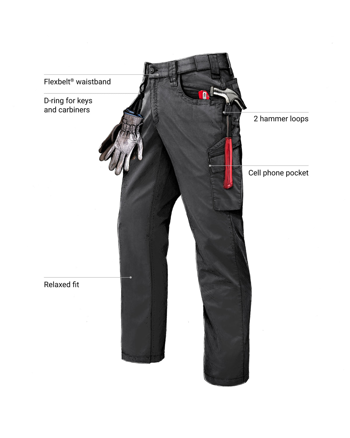 Feature view of Twill Cargo Work Pants e.s.e:pic in black, showing cargo pocket details