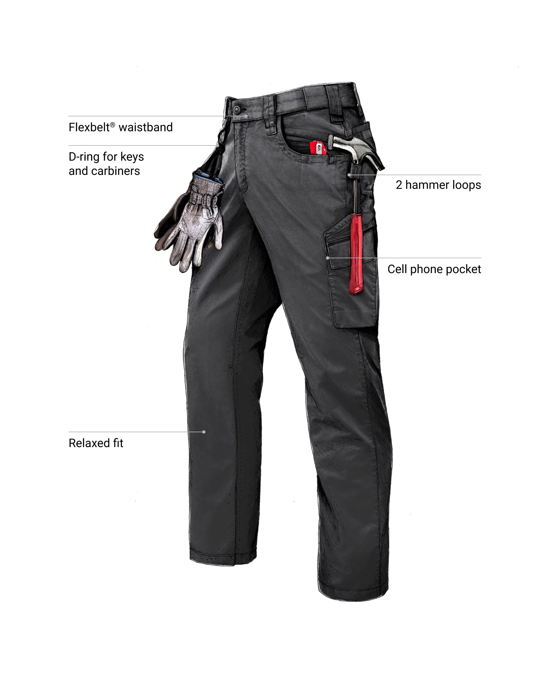 Feature view of Twill Cargo Work Pants e.s.e:pic in black, showing cargo pocket details