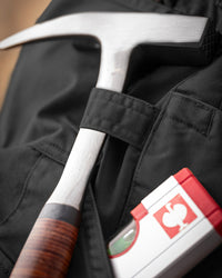 Close-up of cargo pocket details on Twill Cargo Work Pants e.s.e:pic in black