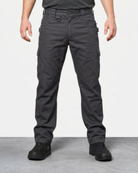 Twill Cargo Work Pants e.s.e:pic in carbon gray worn by a model, front view