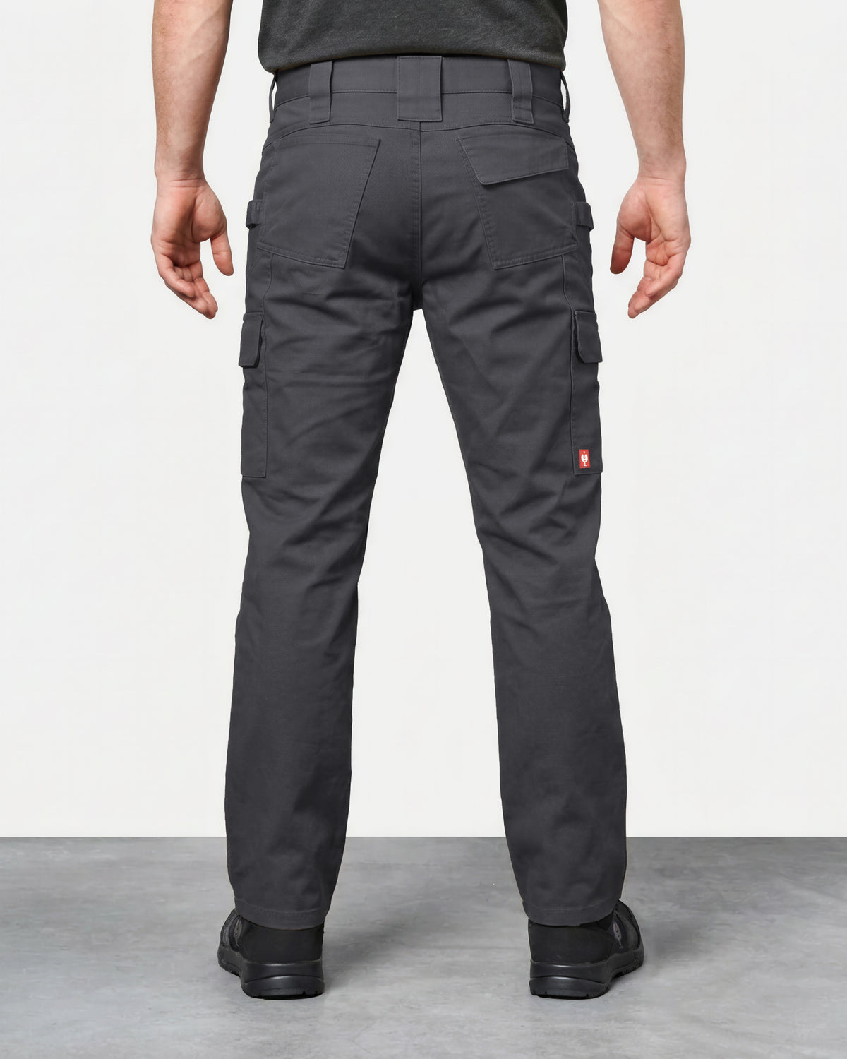 Twill Cargo Work Pants e.s.e:pic in carbon gray worn by a model, rear view