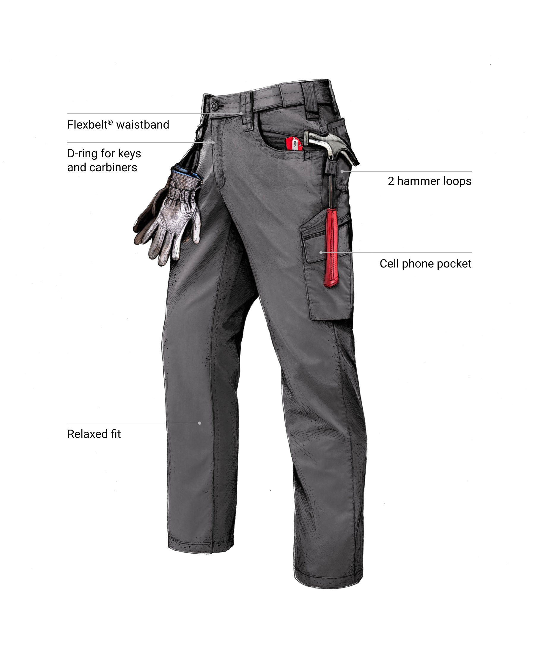 Feature view of Twill Cargo Work Pants e.s.e:pic in carbon gray, showing cargo pocket details