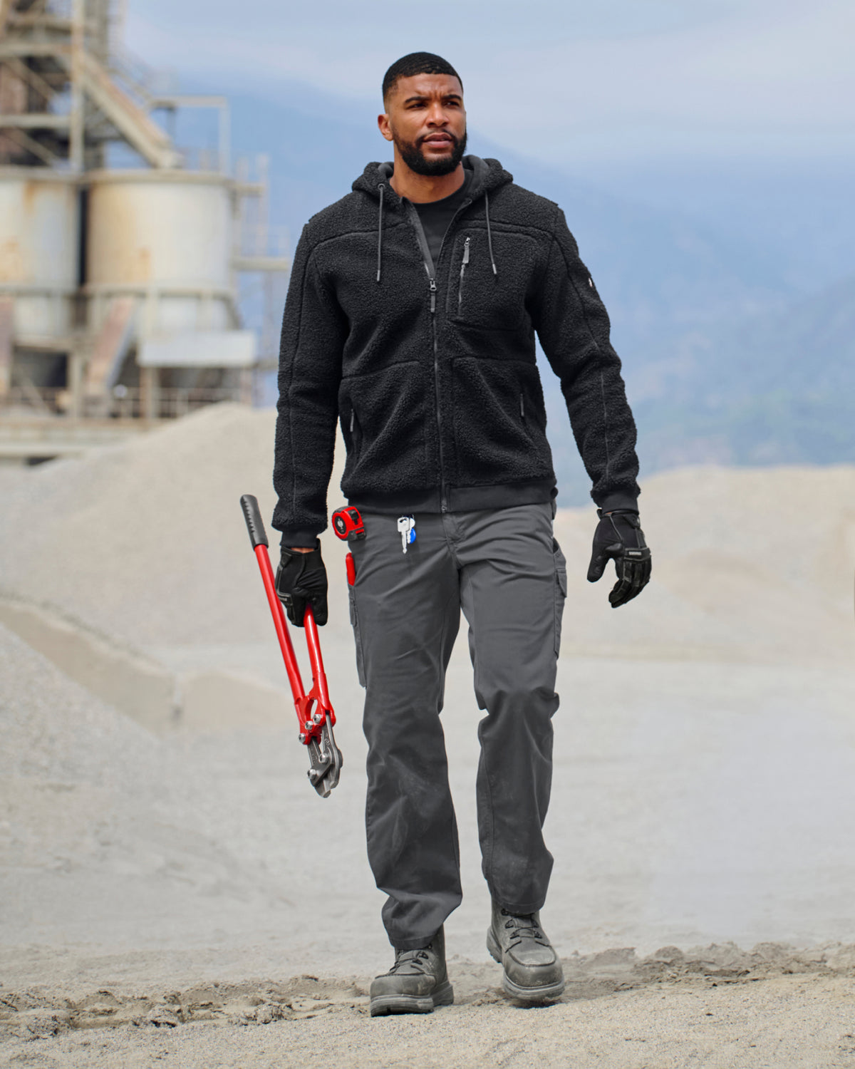 Twill Cargo Work Pants e.s.e:pic in carbon gray shown in an outdoor workwear setting