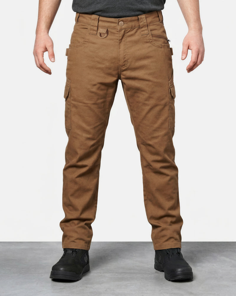 Twill Cargo Work Pants e.s.e:pic in almond brown worn by a model, front view