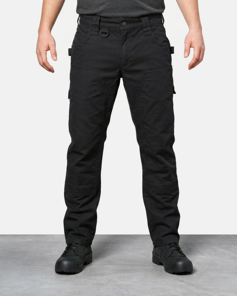 Double Front Twill Cargo Work Pants e.s.e:pic in black worn by a model, front view