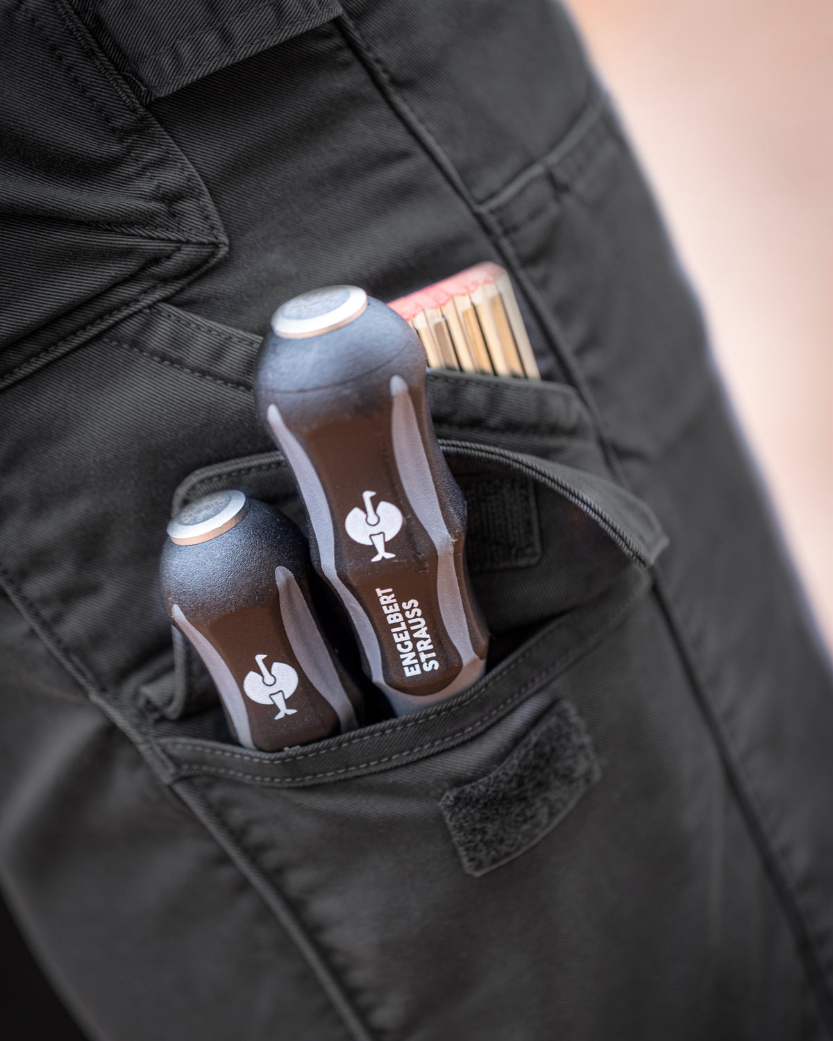 Close-up of reinforced fabric and seams on Double Front Twill Cargo Work Pants e.s.e:pic in black