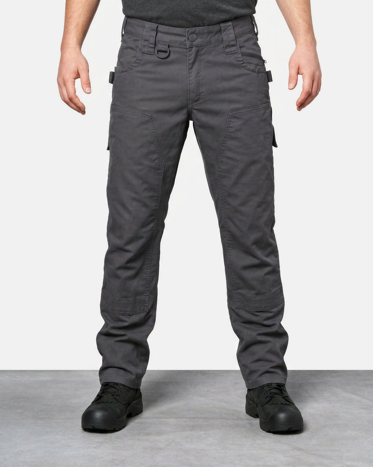 Double Front Twill Cargo Work Pants e.s.e:pic in carbon gray worn by a model, front view