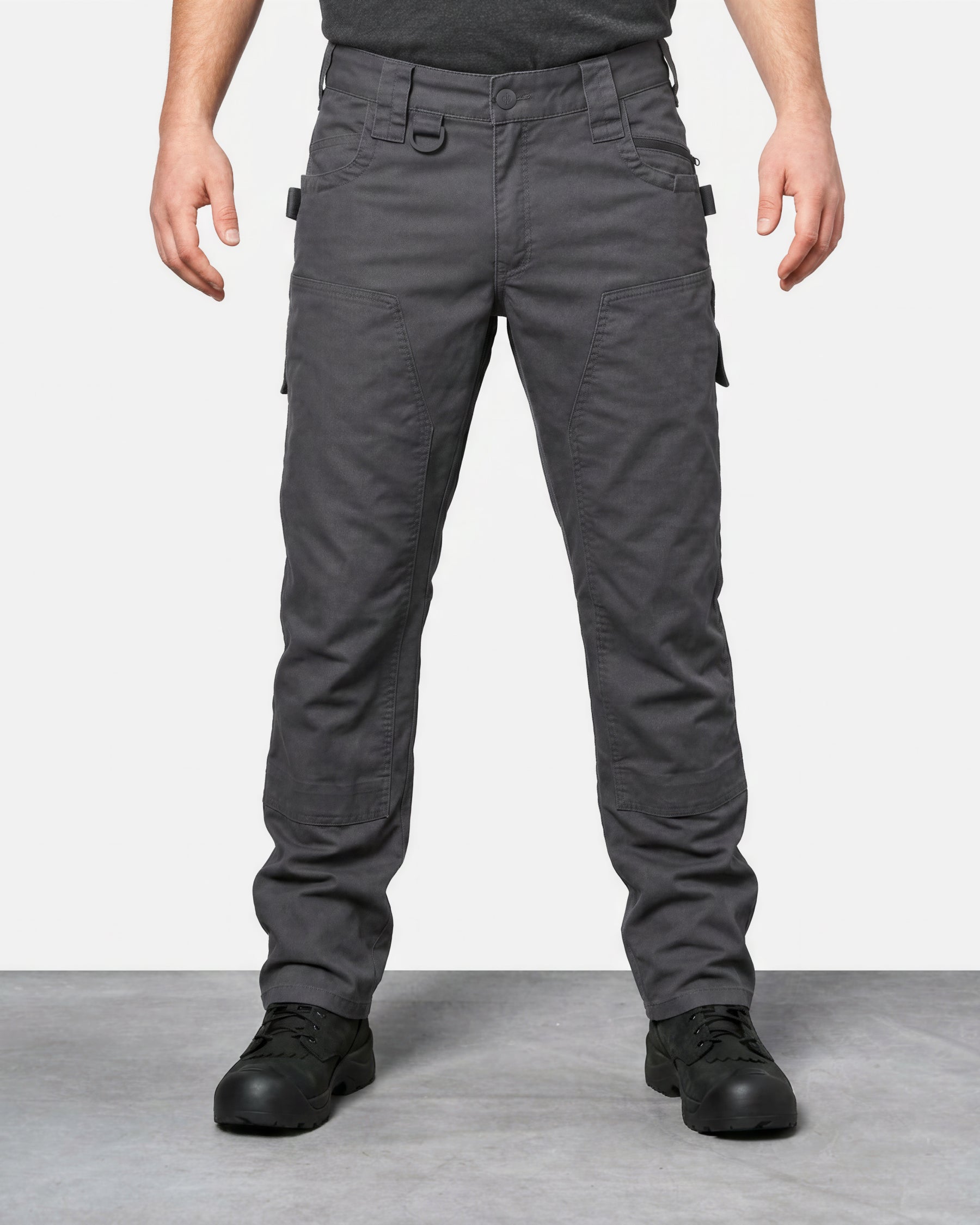 Double Front Twill Cargo Work Pants e.s.e:pic in carbon gray worn by a model, front view