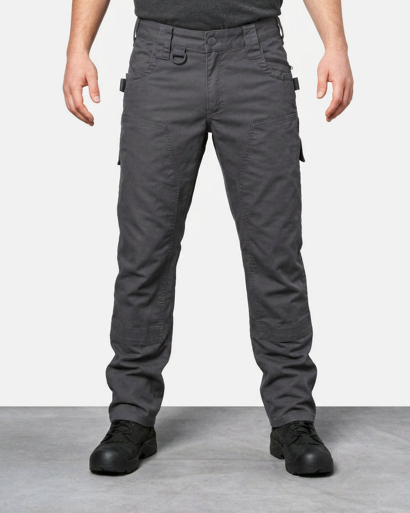 Double Front Twill Cargo Work Pants e.s.e:pic in carbon gray worn by a model, front view