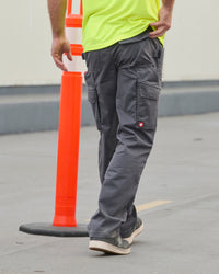 Double Front Twill Cargo Work Pants e.s.e:pic in carbon gray shown in an outdoor workwear setting