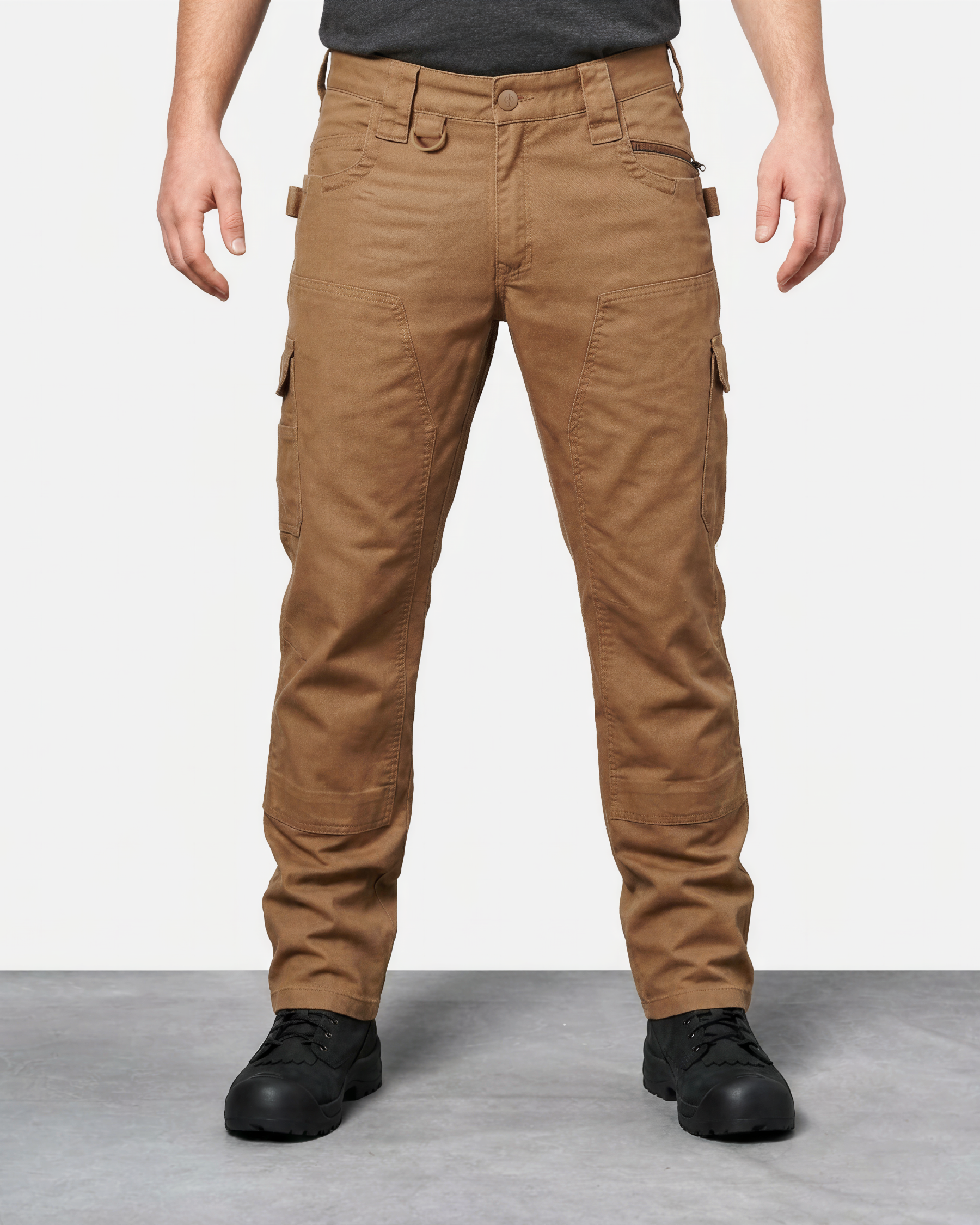 Double Front Twill Cargo Work Pants e.s.e:pic in almond brown worn by a model, front view