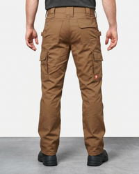 Double Front Twill Cargo Work Pants e.s.e:pic in almond brown worn by a model, rear view