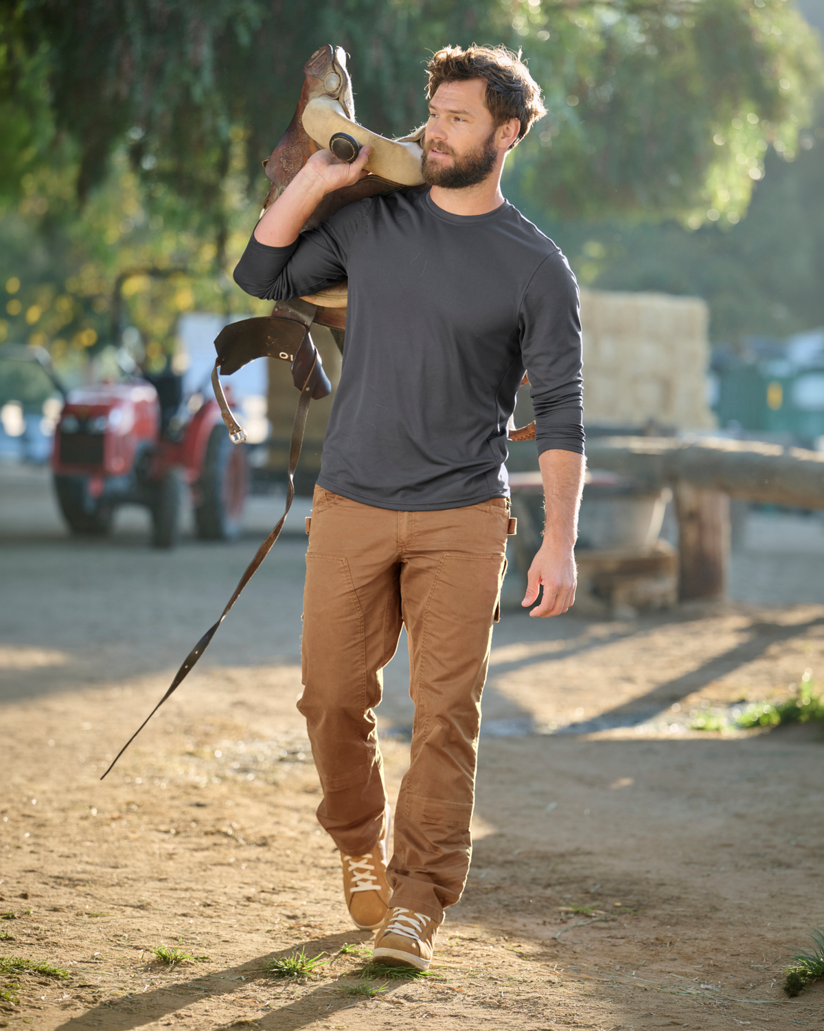 Double Front Twill Cargo Work Pants e.s.e:pic in almond brown in use, showing fit and movement