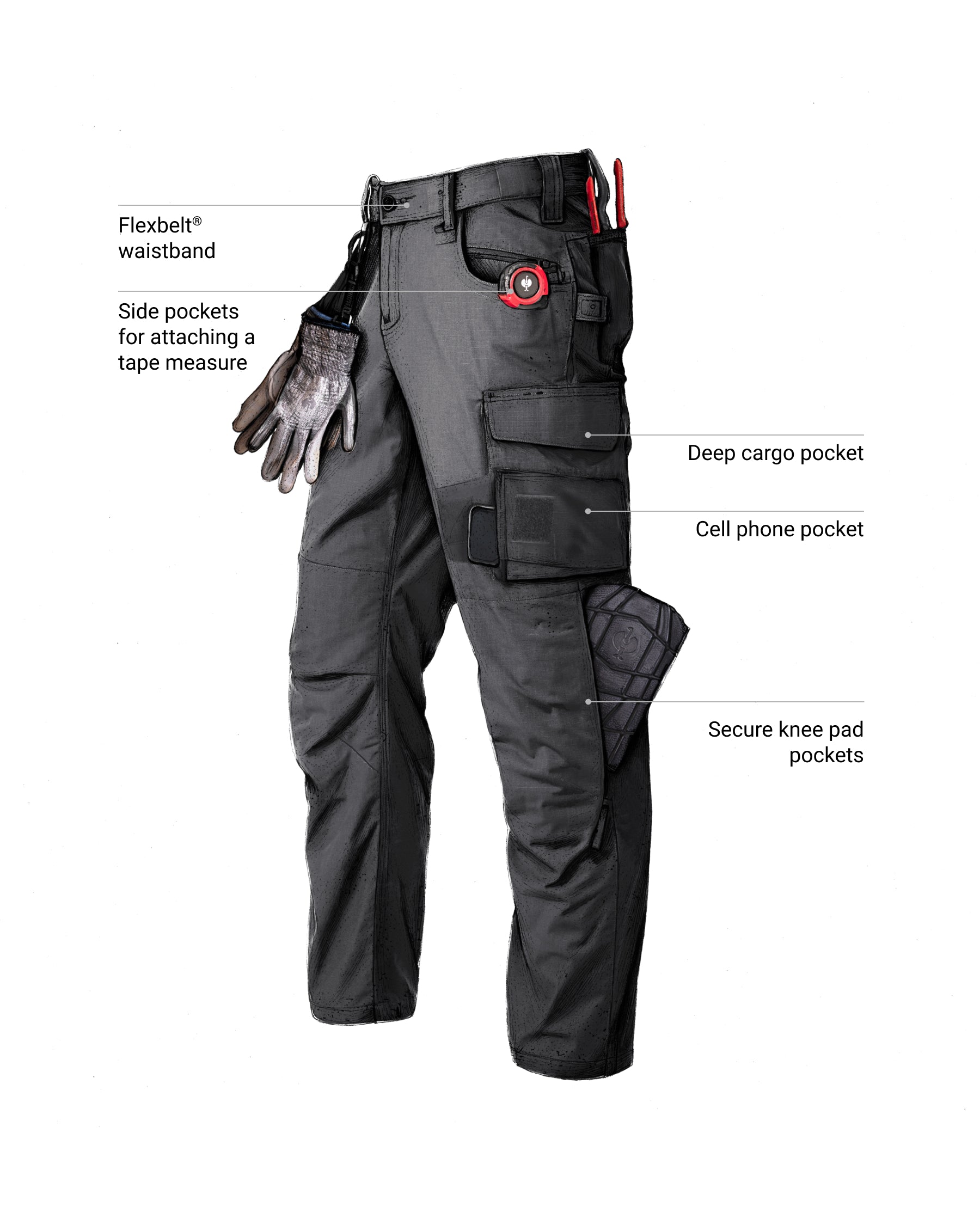 Feature view of Ripstop Cargo Work Pants e.s.e:pic in black, showing cargo pocket details