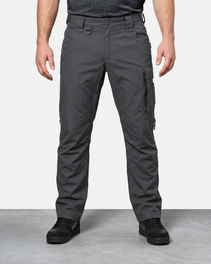 Ripstop Cargo Work Pants e.s.e:pic in carbon gray worn by a model, front view