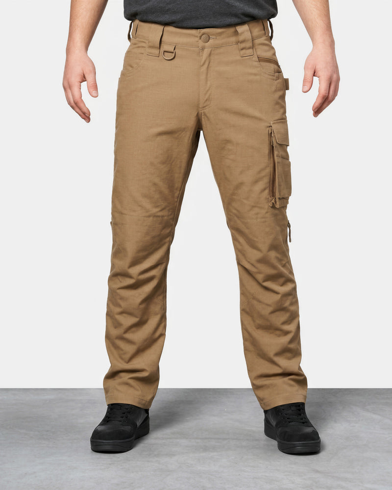 Ripstop Cargo Work Pants e.s.e:pic in almond brown worn by a model, front view