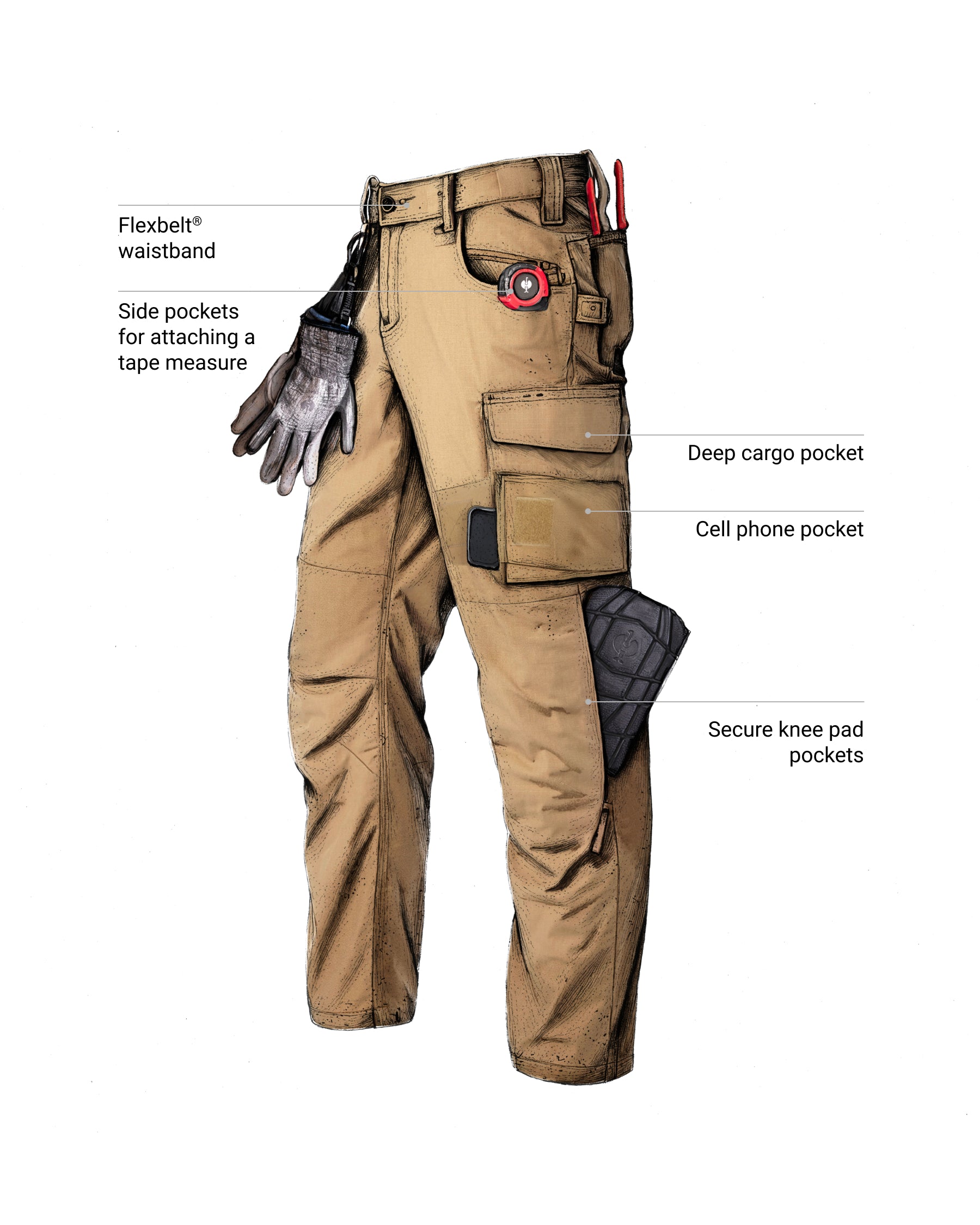 Feature view of Ripstop Cargo Work Pants e.s.e:pic in almond brown, showing cargo pocket details