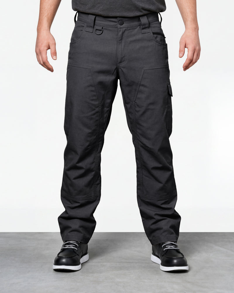 Double Front Ripstop Cargo Work Pants e.s.e:pic in black worn by a model, front view