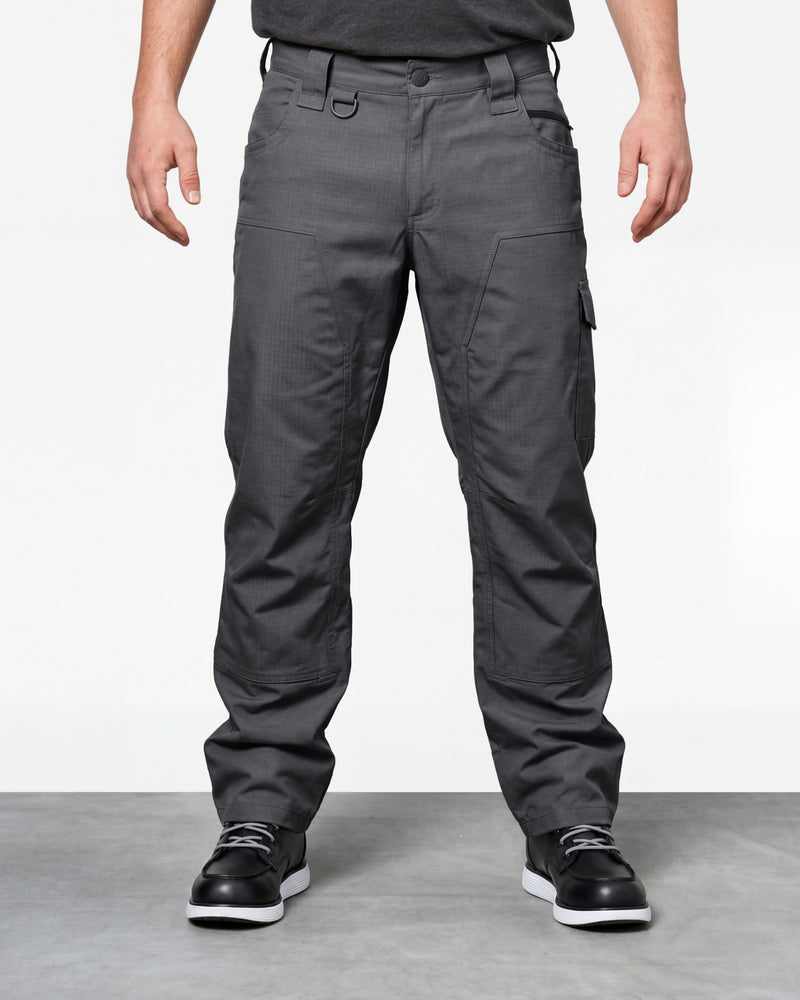 Double Front Ripstop Cargo Work Pants e.s.e:pic in carbon gray worn by a model, front view
