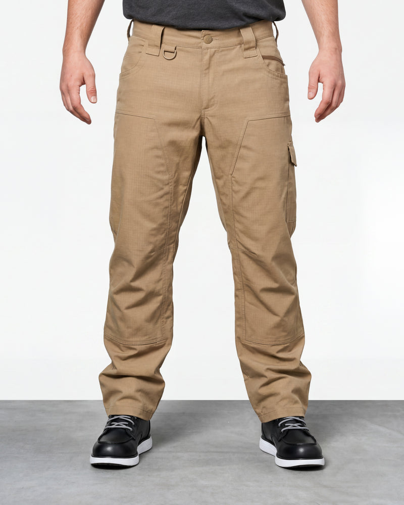 Double Front Ripstop Cargo Work Pants e.s.e:pic in almond brown worn by a model, front view