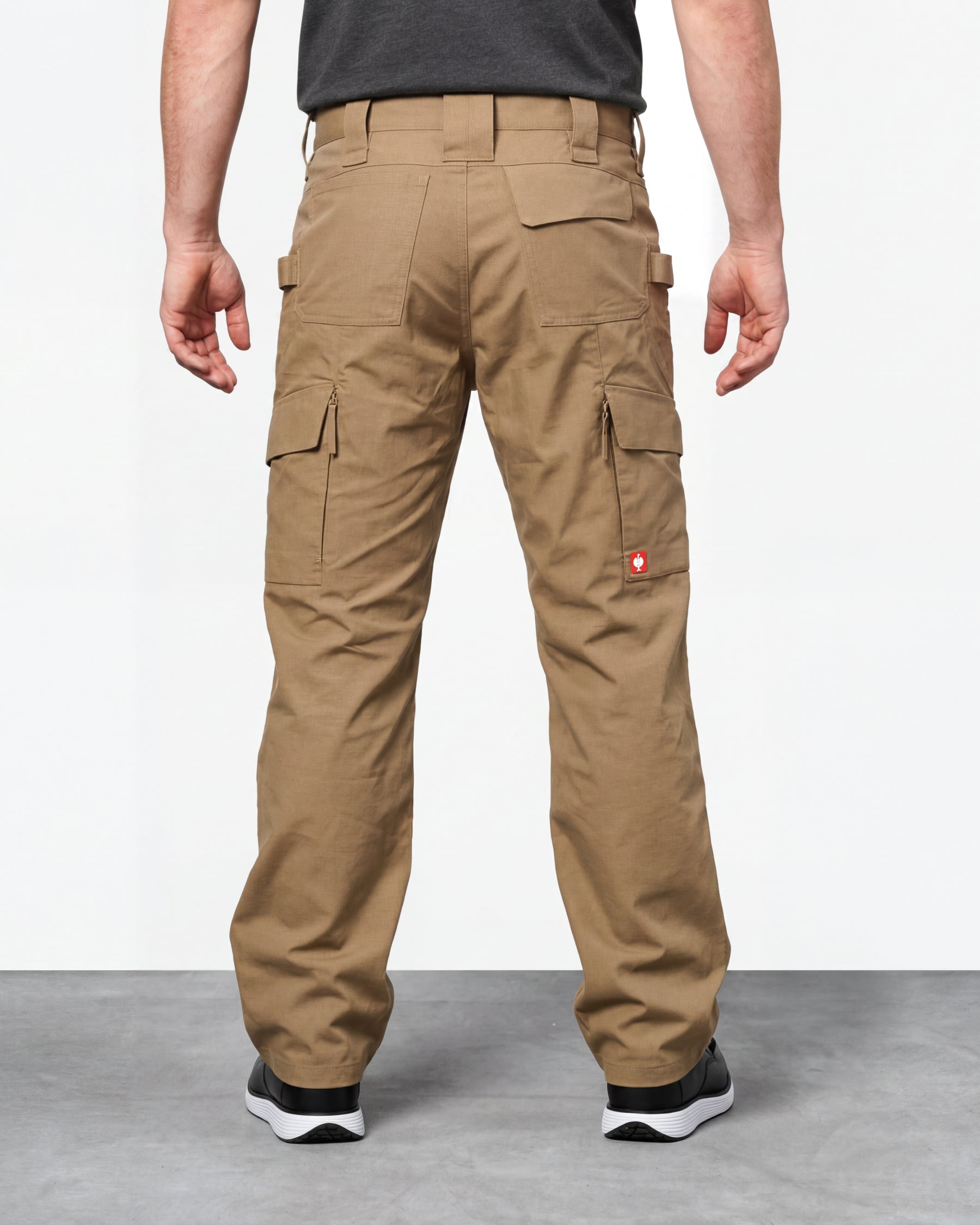 Double Front Ripstop Cargo Work Pants e.s.e:pic in almond brown worn by a model, rear view