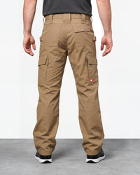 Double Front Ripstop Cargo Work Pants e.s.e:pic in almond brown worn by a model, rear view