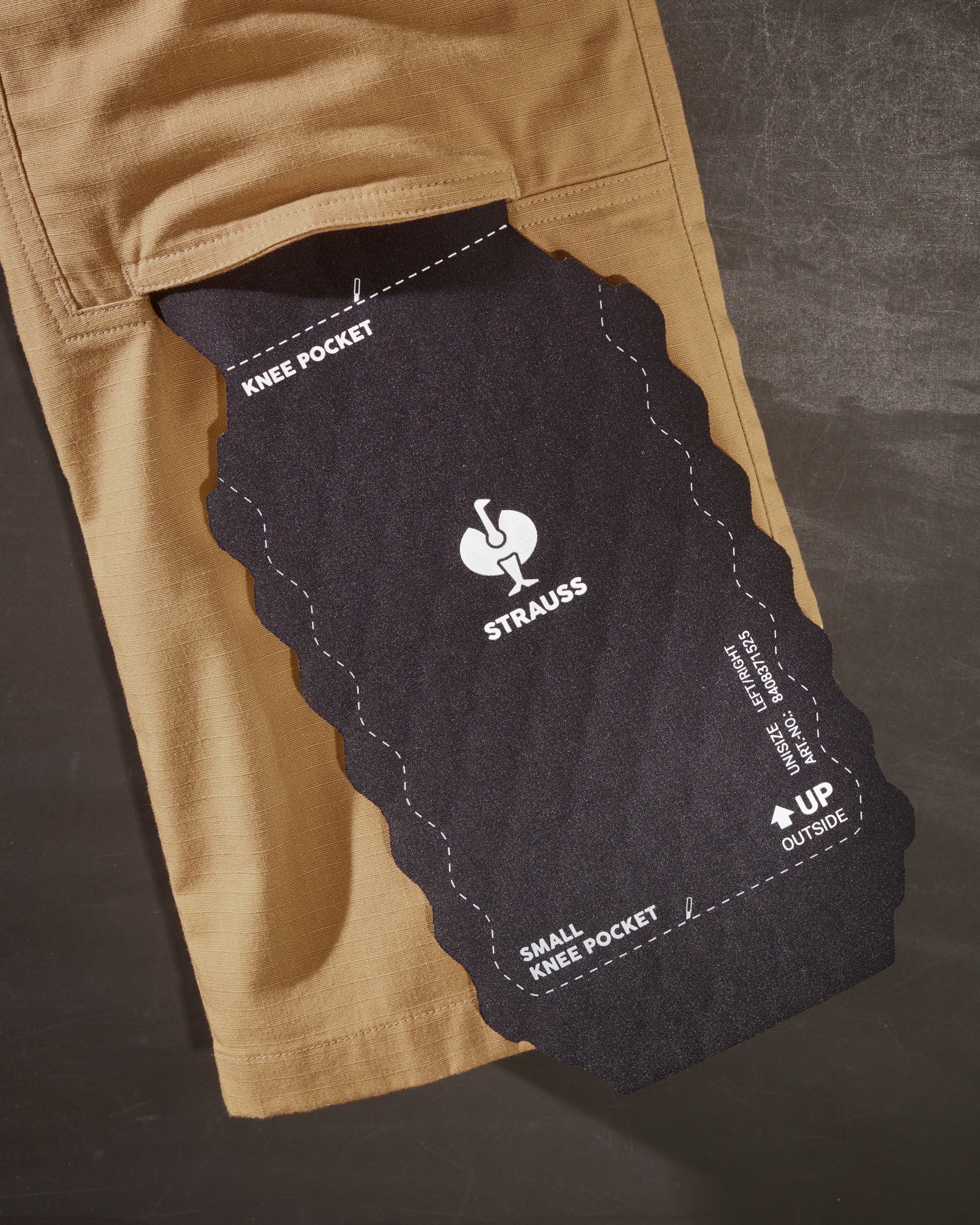 Close-up of knee pad pocket details on Double Front Ripstop Cargo Work Pants e.s.e:pic in almond brown