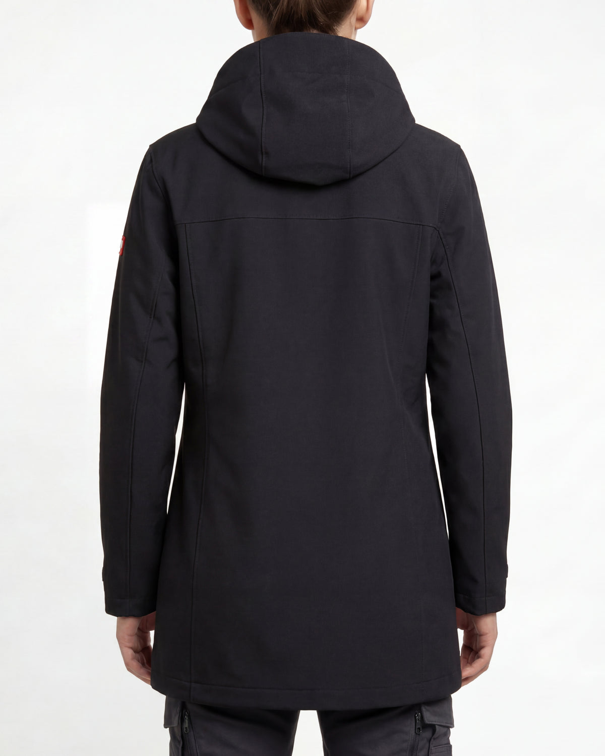 STRAUSS women's e.s.e:pic waterproof rain coat in black worn, back view