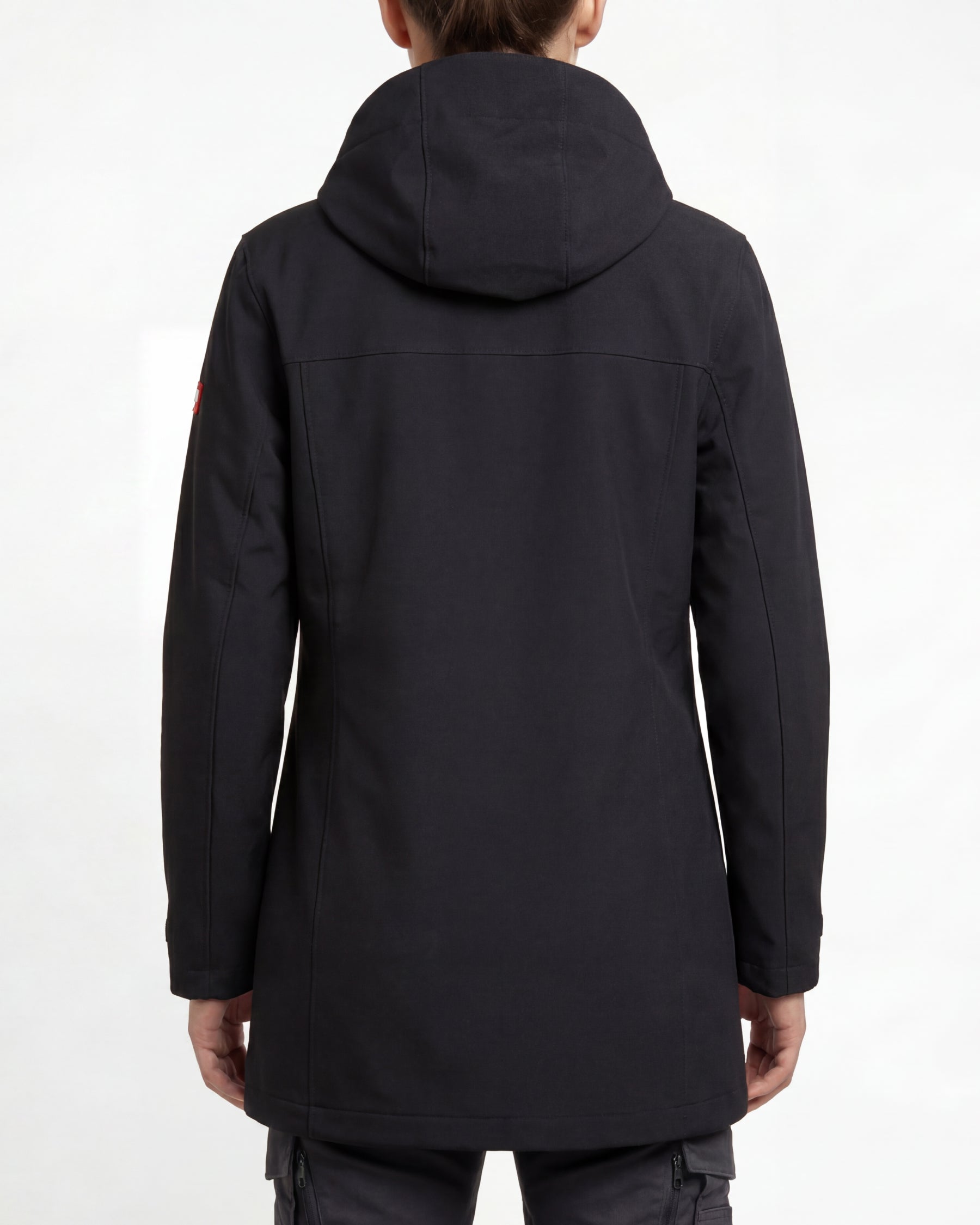 STRAUSS women's e.s.e:pic waterproof rain coat in black worn, back view