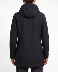 STRAUSS women's e.s.e:pic waterproof rain coat in black worn, back view