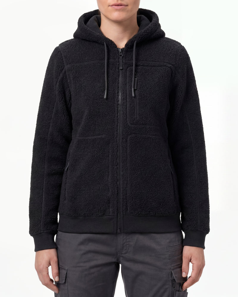 STRAUSS women's e.s.e:pic hooded sherpa fleece jacket in black worn, front view