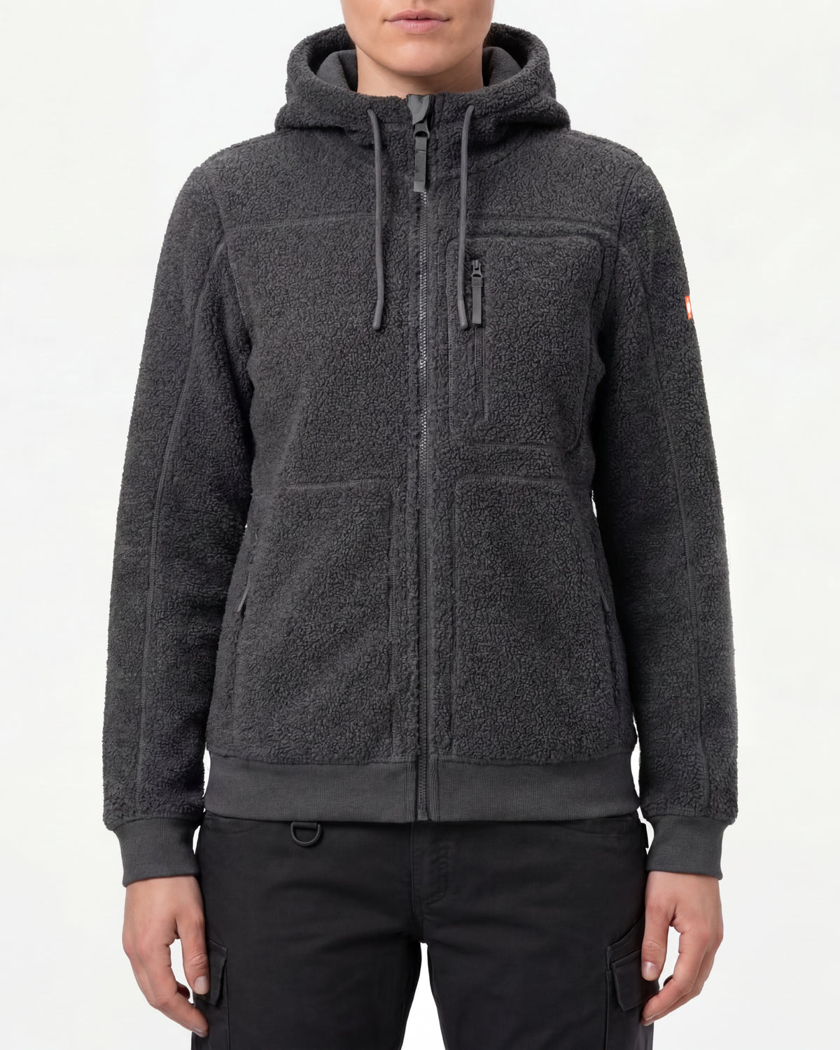 STRAUSS women's e.s.e:pic hooded sherpa fleece jacket in carbon gray worn, front view