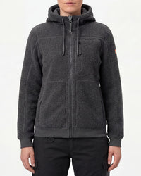 STRAUSS women's e.s.e:pic hooded sherpa fleece jacket in carbon gray worn, front view