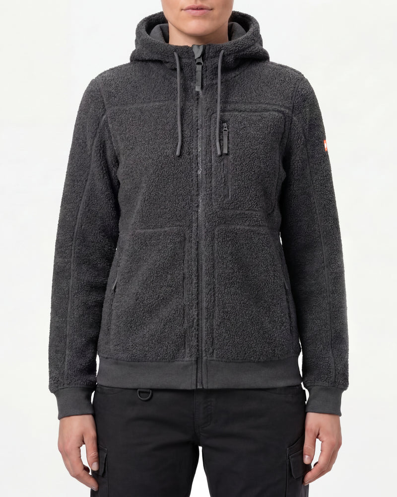 STRAUSS women's e.s.e:pic hooded sherpa fleece jacket in carbon gray worn, front view