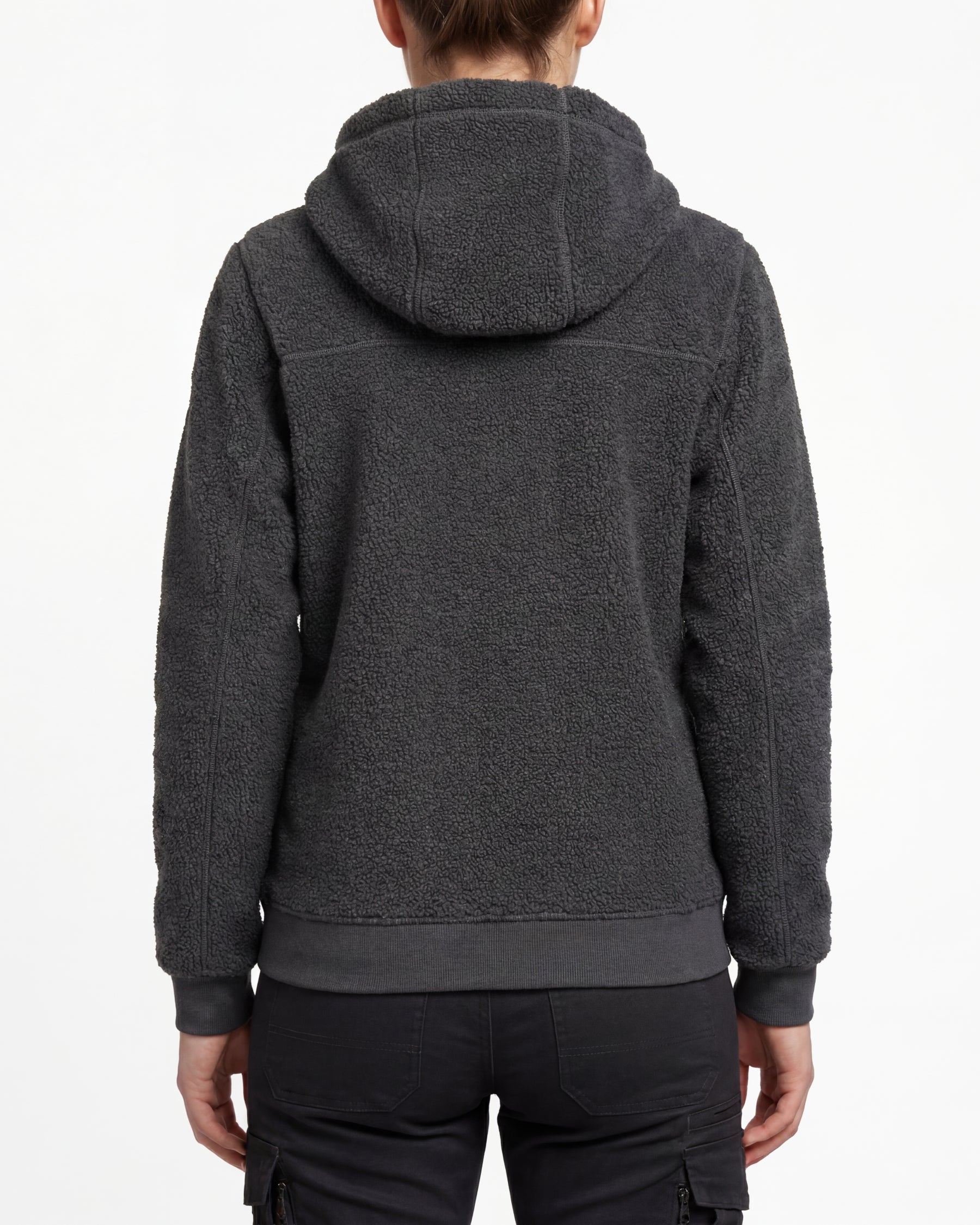 STRAUSS women's e.s.e:pic hooded sherpa fleece jacket in carbon gray worn, back view