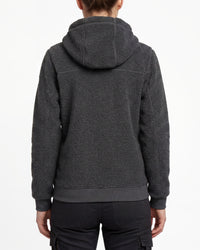 STRAUSS women's e.s.e:pic hooded sherpa fleece jacket in carbon gray worn, back view