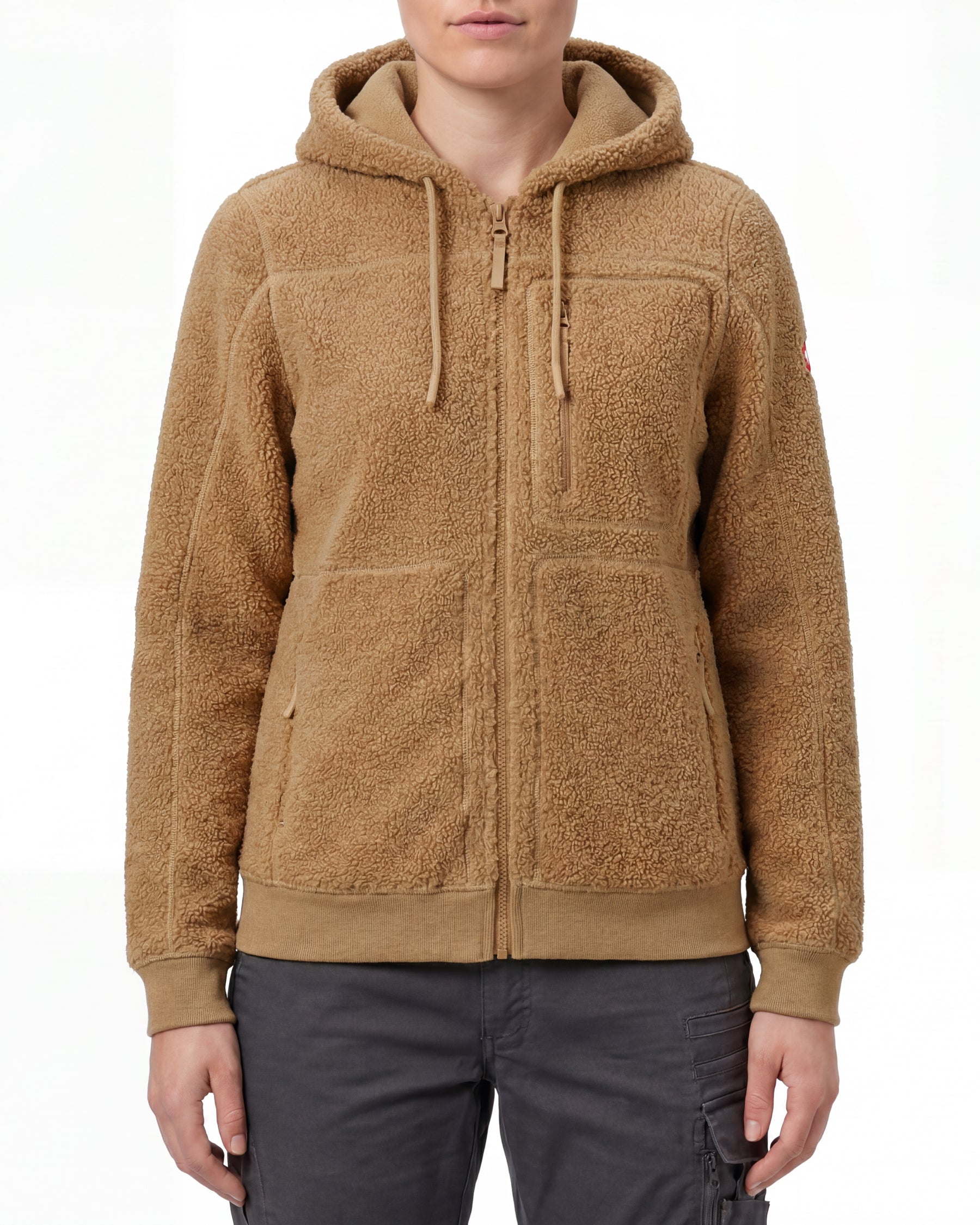 STRAUSS women's e.s.e:pic hooded sherpa fleece jacket in almond brown worn, front view