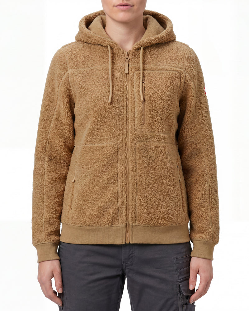 STRAUSS women's e.s.e:pic hooded sherpa fleece jacket in almond brown worn, front view
