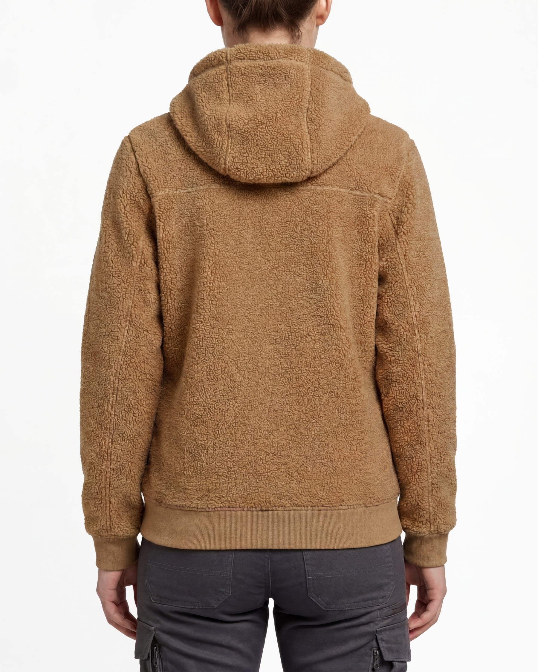 STRAUSS women's e.s.e:pic hooded sherpa fleece jacket in almond brown worn, back view