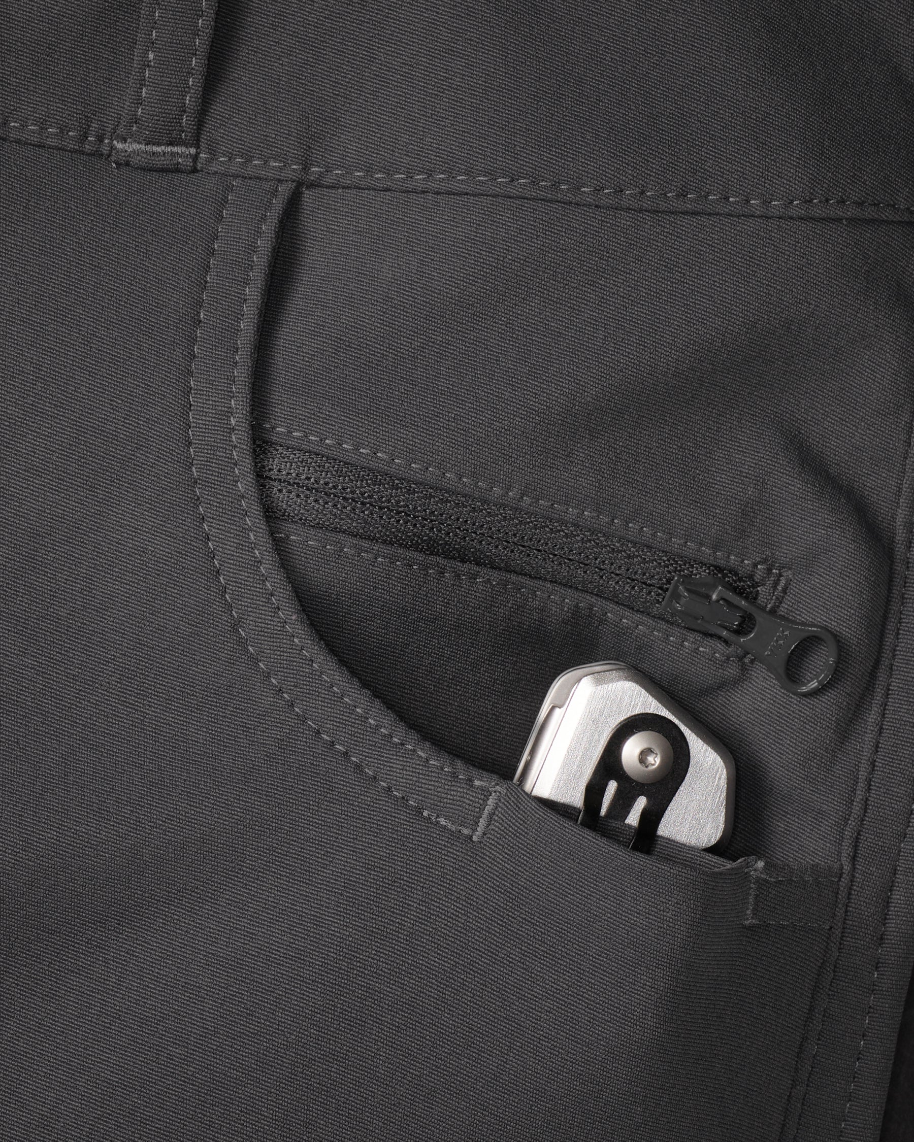 Close-up of pocket and waistband details on Women's Leggings e.s.e:pic in carbon gray