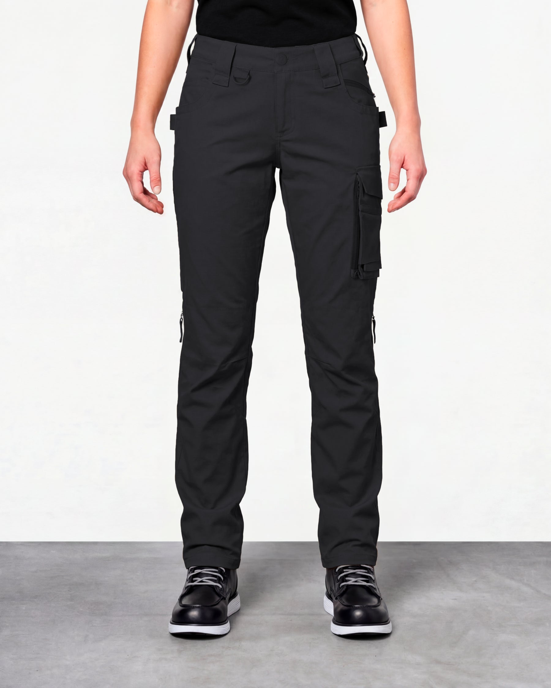 Women's Ripstop Cargo Work Pants e.s.e:pic in black worn by a model, front view